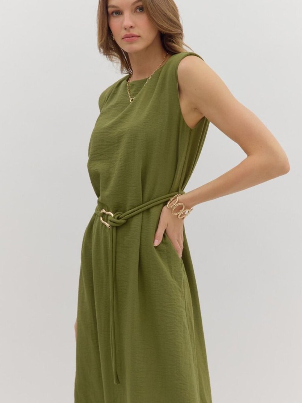 Sage Belted Midi Dress - Picture 5 of 7
